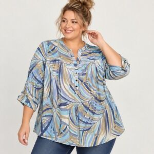 Juniper + Lime Womes 2X Tunic Top Abstract Print Mesh Roll Tab 3/4 Sleeve Boho